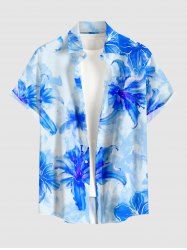 Chemise hawaïenne pour homme à imprimé aquarelle de fleurs avec boutons et poche - Bleu Ciel M