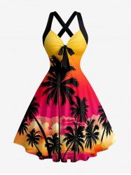 Coconut Tree Cloud Ombre Print Crisscross Straps Bowknot Hawaii Tank Dress - Orange S