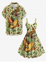 Tenue de plage Hawaii assortie pour couples - Imprimé dinosaure, guitare, chapeau, cactus - Vert Jaune 