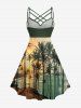 Tenue de plage hawaïenne assortie pour couple avec imprimé cocotier, soleil et paysage marin - Vert profond 