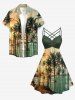 Tenue de plage hawaïenne assortie pour couple avec imprimé cocotier, soleil et paysage marin - Vert profond 