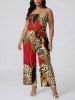 Leopard Paisley Colorblock Print Pocket Hawaii Jumpsuit With Removable Belt and Shoulder Straps -  
