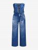 Combinaison hawaïenne en denim à lacets avec poche imprimée 3D, ceinture et bretelles amovibles - Cadetblue XXS