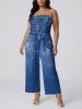 Combinaison hawaïenne en denim à lacets avec poche imprimée 3D, ceinture et bretelles amovibles - Cadetblue XXS