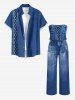 Combinaison hawaïenne en denim à lacets avec poche imprimée 3D, ceinture et bretelles amovibles - Cadetblue XXS