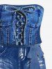 Combinaison hawaïenne en denim à lacets avec poche imprimée 3D, ceinture et bretelles amovibles - Cadetblue XXS