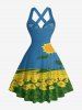 Robe trapèze Hawaii à imprimé feuilles de tournesol, halter à bretelles croisées - Bleu Ciel XL