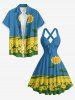 Robe trapèze Hawaii à imprimé feuilles de tournesol, halter à bretelles croisées - Bleu Ciel XL