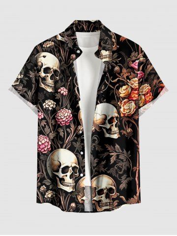 Chemise hawaïenne à boutons et poche pour homme - Imprimé fleurs, feuilles, crânes et plantes - ORANGE - L