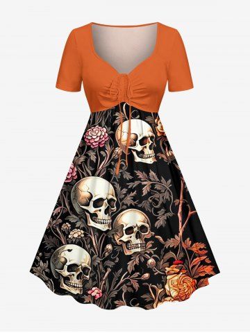 Flower Leaf Skulls Plant Print Hawaii Cinched A Line Dress - ORANGE - M