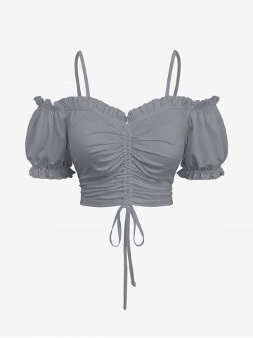 Cinched Ruched Ruffles Cold Shoulder Cami Top - LIGHT GRAY - L