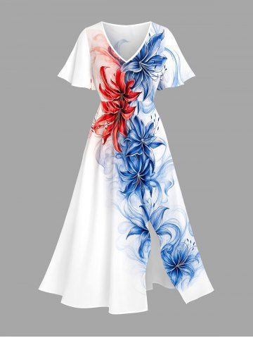 Robe midi Hawaï fendue à imprimé fleurs et feuilles - WHITE - 2X