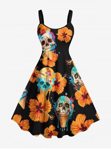 Robe débardeur Hawaii à imprimé Skulls Ice Cream Flowers (bretelles réglables) - ORANGE - L