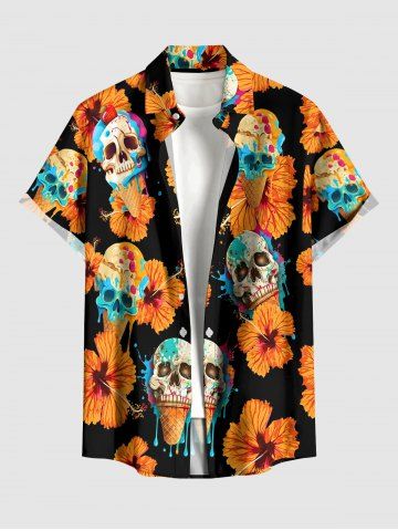 Chemise hawaïenne pour homme à imprimé crânes, glaces et fleurs, avec boutons et poche - ORANGE - M