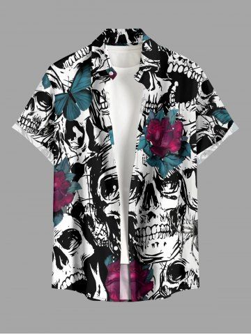 Halloween Skull Rose Flowers Butterfly Print Buttons Pocket Hawaii Shirt For Men - BLACK - 3XL