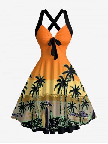 Coconut Tree Seascape Colorblock Print Crisscross Straps Bowknot Hawaii Tank Dress