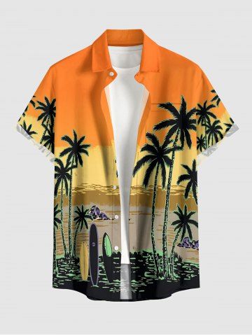 Chemise hawaïenne pour homme avec imprimé colorblock paysage marin de cocotiers, boutons et poche - ORANGE - 4XL