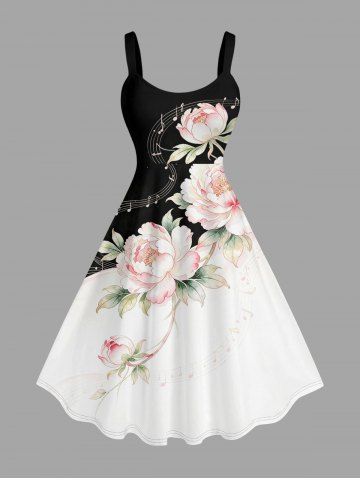 Robe A-line Hawaii à imprimé fleurs, feuilles et symboles musicaux - BLACK - 2X