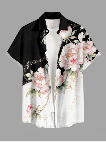 Chemise hawaïenne à boutons et poche avec imprimé fleurs, feuilles et symboles musicaux pour homme - BLACK - S