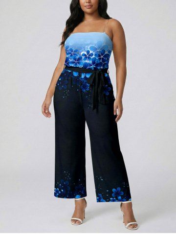 Combinaison Hawaii à imprimé fleur ombré à pois légers avec poches, ceinture amovible et bretelles - DEEP BLUE - L