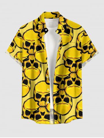 Skulls Print Hawaii Button Pocket Shirt For Men - YELLOW - 2XL