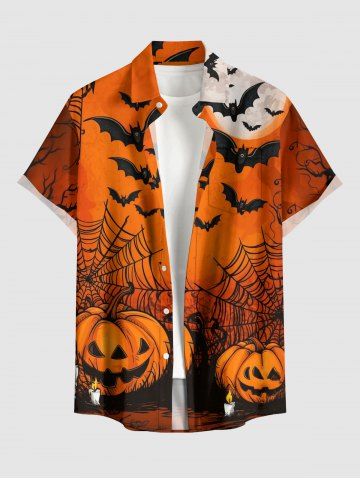 Pumpkin Bat Spider Web Moon Print Halloween Button Pocket Shirt For Men - ORANGE - 3XL