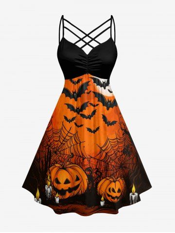 Pumpkin Bat Spider Web Moon Print Halloween Ruched Crisscross Strappy A Line Dress - ORANGE - 6X