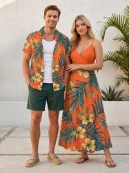 Tenue de plage hawaïenne assortie pour couple avec imprimé léopard paisley à blocs de couleur - Orange 