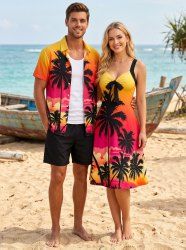 Tenue assortie pour couple de plage hawaïenne avec imprimé nuage ombré cocotier - Orange 