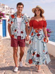 Flower Plant Print Matching Hawaii Beach Outfit For Couples -  
