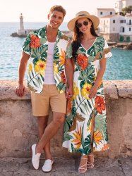 Tenue de plage hawaïenne assortie pour couples avec imprimé feuilles tropicales et fleurs d'hibiscus -  