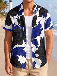 Chemise hawaïenne à imprimé fleurs et feuilles avec poche boutonnée pour homme - Bleu profond 4XL