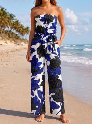 Combinaison à poches imprimé fleurs et feuilles Hawaï avec ceinture amovible et bretelles - Bleu profond XXS