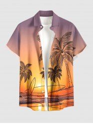 Chemise hawaïenne pour homme à poches boutonnées, imprimé coucher de soleil cocotier dégradé crépusculaire - Violet Terne S
