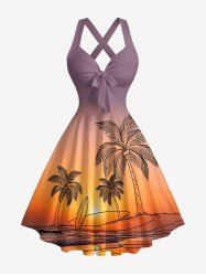 Robe A-line Hawaï à bretelles entrecroisées et encolure halter, imprimé cocotier coucher de soleil dégradé crépuscule - Violet Terne XS
