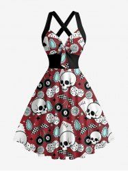 Robe trapèze à bretelles croisées à imprimé crânes, poker, dés et cerises Hawaii, en halter - Rouge foncé S