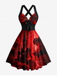 Robe trapèze Castle Ombre à imprimé Galaxie Nuage Éclair Halloween, encolure halter et bretelles croisées - Rouge foncé S