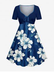 Robe trapèze Hawaii à imprimé floral et feuillage, taille resserrée - Bleu profond XXS