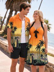 Coconut Tree Seascape Colorblock Print Matching Hawaii Beach Outfit For Couples -  