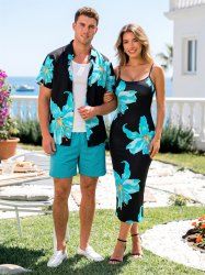 Tenue de plage hawaïenne assortie à motif fleurs pour couples - Turquoise 