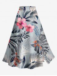 Jupe Hawaii fendue à imprimé fleurs d'hibiscus et feuilles - Gris Clair 1X