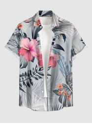 Chemise hawaïenne pour homme à imprimé feuilles et fleurs d'hibiscus, avec boutons et poche - Gris Clair M