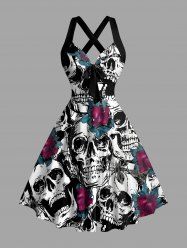 Robe débardeur Halloween à imprimé crâne, roses, fleurs et papillons, bretelles croisées et nœud - Noir XS