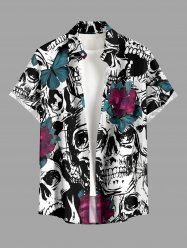 Chemise hawaïenne pour homme à motifs de crâne, roses, fleurs et papillons Halloween, avec boutons et poche - Noir S