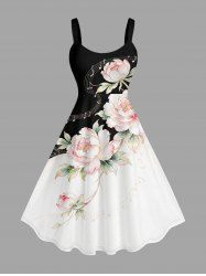 Robe trapèze Hawaii à imprimé fleurs, feuilles et symbole musical - Noir S