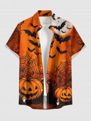 Pumpkin Bat Spider Web Moon Print Halloween Button Pocket Shirt For Men -  