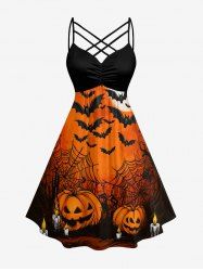 Robe trapèze Halloween à imprimé citrouille, chauve-souris, toile d'araignée et lune, avec fronces et bretelles croisées - Orange XXS