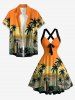Coconut Tree Seascape Colorblock Print Matching Hawaii Beach Outfit For Couples -  
