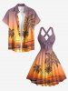 Robe trapèze Hawaï à imprimé Cocotier Coucher de Soleil Ombre Crépuscule, encolure halter et bretelles entrecroisées - Violet Terne S