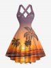 Robe trapèze imprimé Cocotier Coucher de Soleil Ombre Crépusculaire Hawaï Halter Lanières Croisées - Violet Terne XXXL